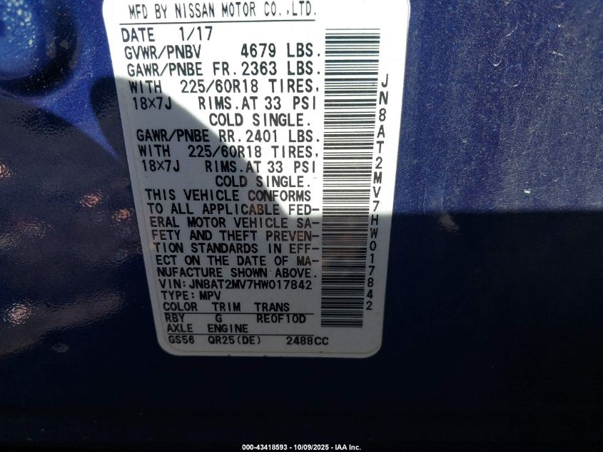 2017 Nissan Rogue Sl VIN: JN8AT2MV7HW017842 Lot: 43418593