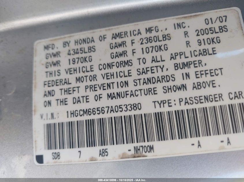 2007 Honda Accord 3.0 Ex VIN: 1HGCM66567A053380 Lot: 43418596