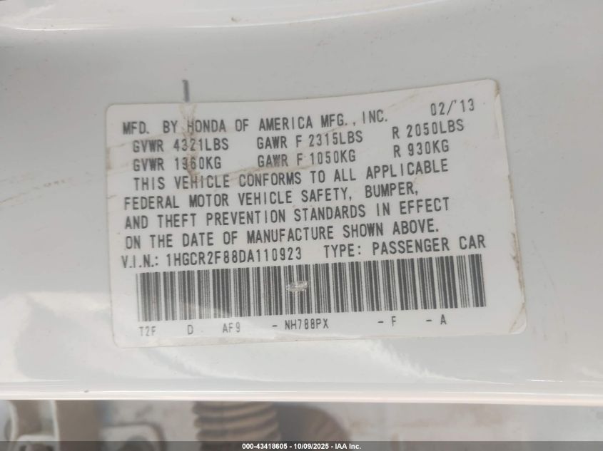 2013 Honda Accord Ex-L VIN: 1HGCR2F88DA110923 Lot: 43418605