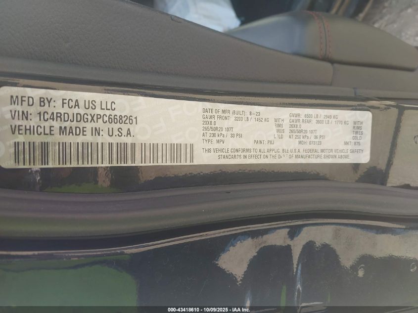 2023 Dodge Durango Gt Plus Awd VIN: 1C4RDJDGXPC668261 Lot: 43418610