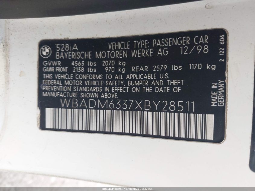 1999 BMW 528Ia VIN: WBADM6337XBY28511 Lot: 43418625