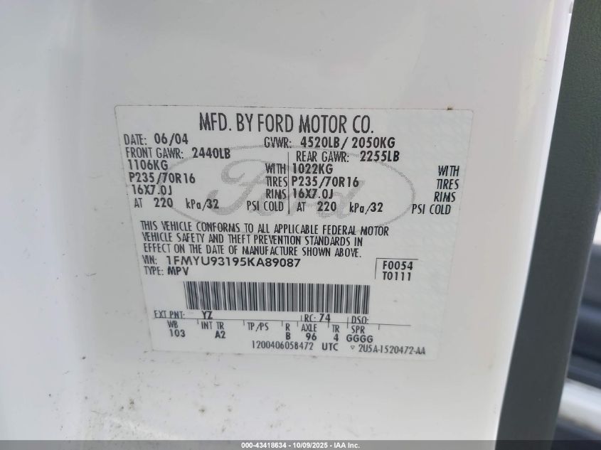 2005 Ford Escape Xlt VIN: 1FMYU93195KA89087 Lot: 43418634