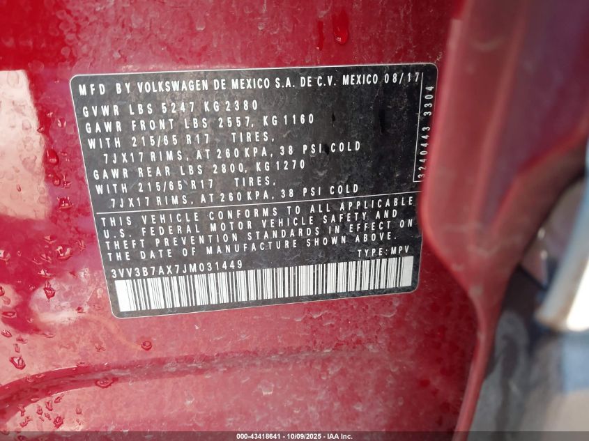 2018 Volkswagen Tiguan 2.0T Se/2.0T Sel VIN: 3VV3B7AX7JM031449 Lot: 43418641