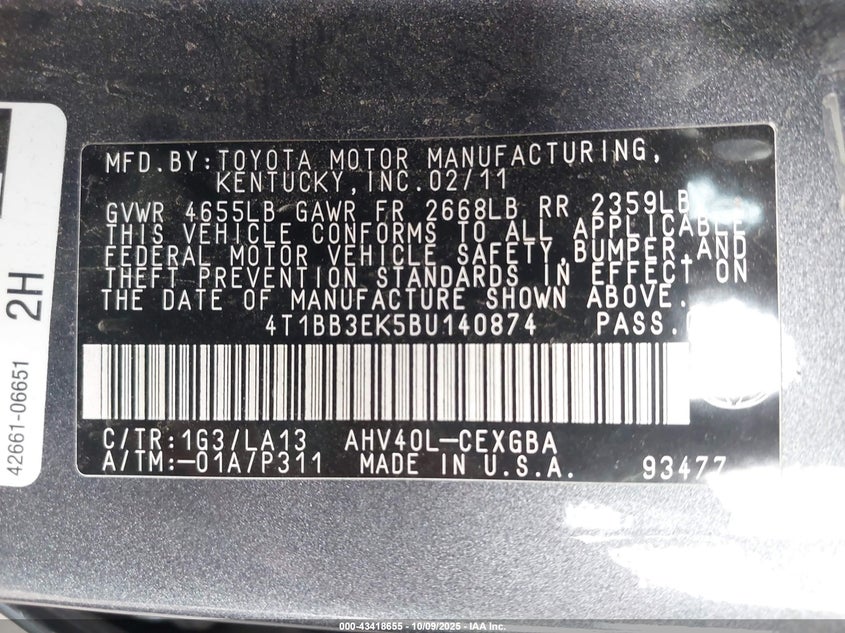 2011 Toyota Camry Hybrid VIN: 4T1BB3EK5BU140874 Lot: 43418655