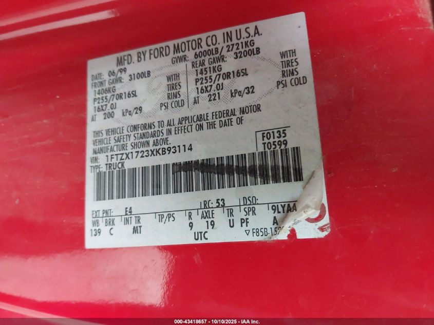 1999 Ford F-150 Work Series/Xl/Xlt VIN: 1FTZX1723XKB93114 Lot: 43418657