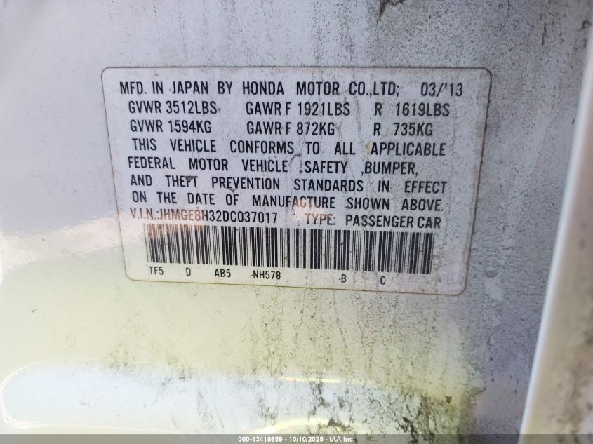 2013 Honda Fit VIN: JHMGE8H32DC037017 Lot: 43418659