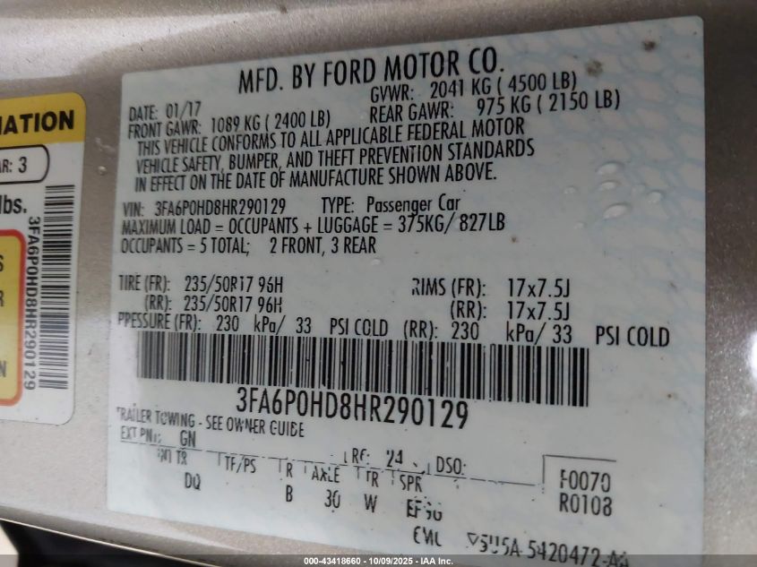 2017 Ford Fusion Se VIN: 3FA6P0HD8HR290129 Lot: 43418660