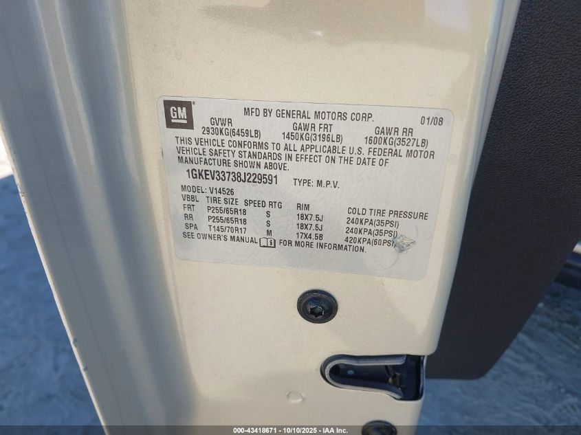 2008 GMC Acadia Slt-2 VIN: 1GKEV33738J229591 Lot: 43418671