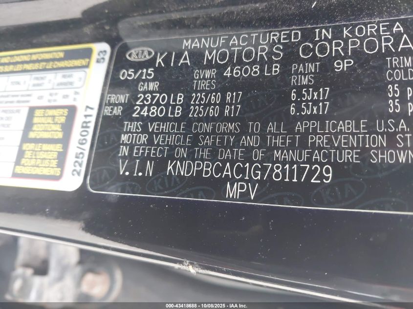 2016 Kia Sportage Lx VIN: KNDPBCAC1G7811729 Lot: 43418688