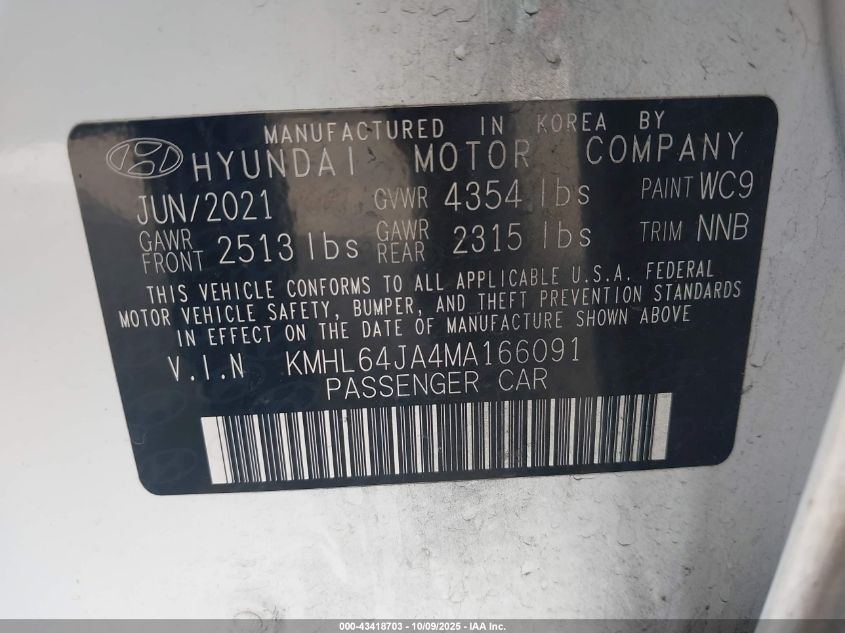 2021 Hyundai Sonata Sel VIN: KMHL64JA4MA166091 Lot: 43418703