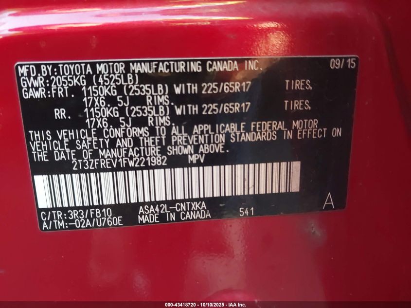 2015 Toyota Rav4 Le VIN: 2T3ZFREV1FW221982 Lot: 43418720