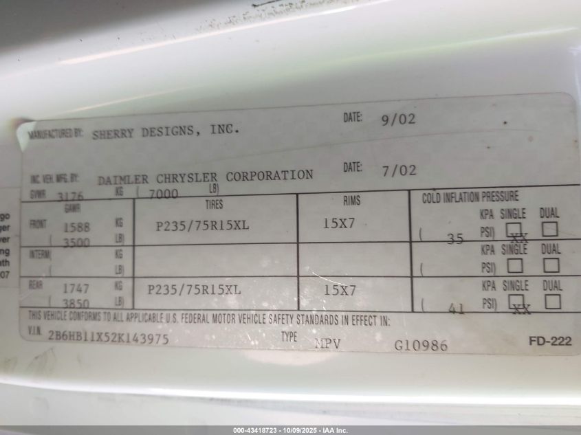 2002 Dodge Ram Van 1500 Conversion VIN: 2B6HB11Y52K143975 Lot: 43418723