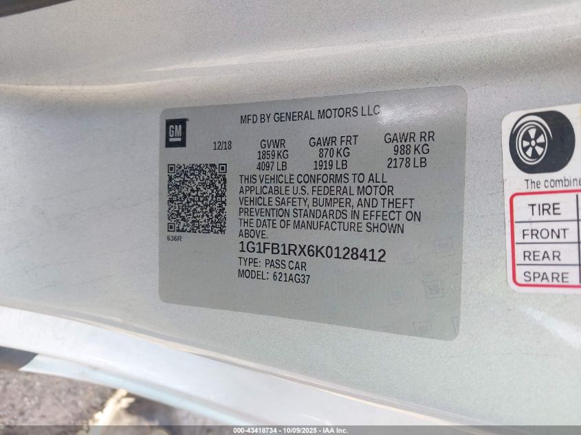2019 Chevrolet Camaro 1Lt VIN: 1G1FB1RX6K0128412 Lot: 43418734