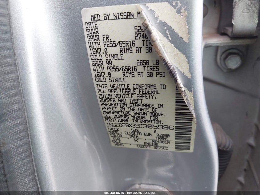 1N6ED29X32C305996 2002 NISSAN NAVARA (FRONTIER) photo no. 9