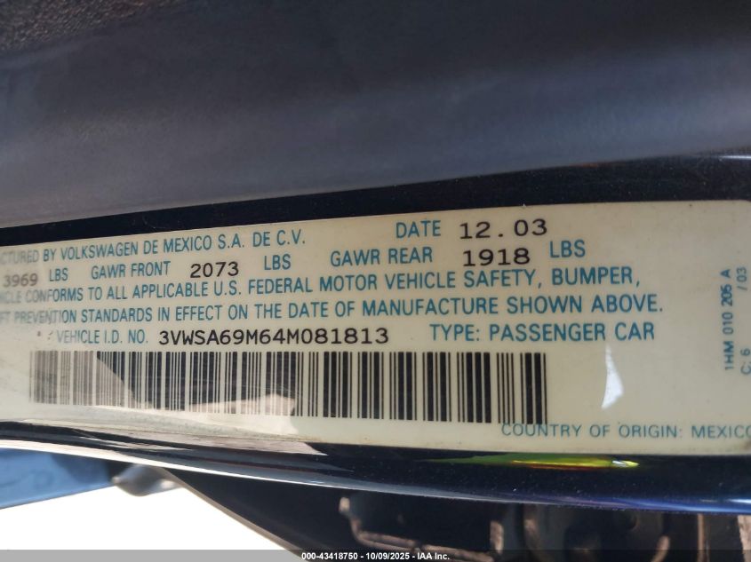 2004 Volkswagen Jetta Gls 2.0L VIN: 3VWSA69M64M081813 Lot: 43418750