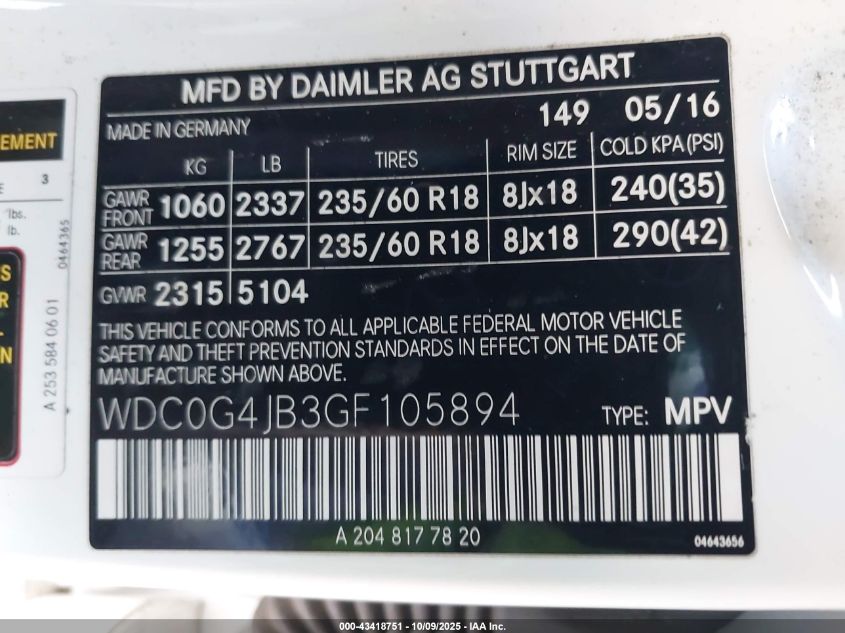 2016 Mercedes-Benz Glc 300 VIN: WDC0G4JB3GF105894 Lot: 43418751