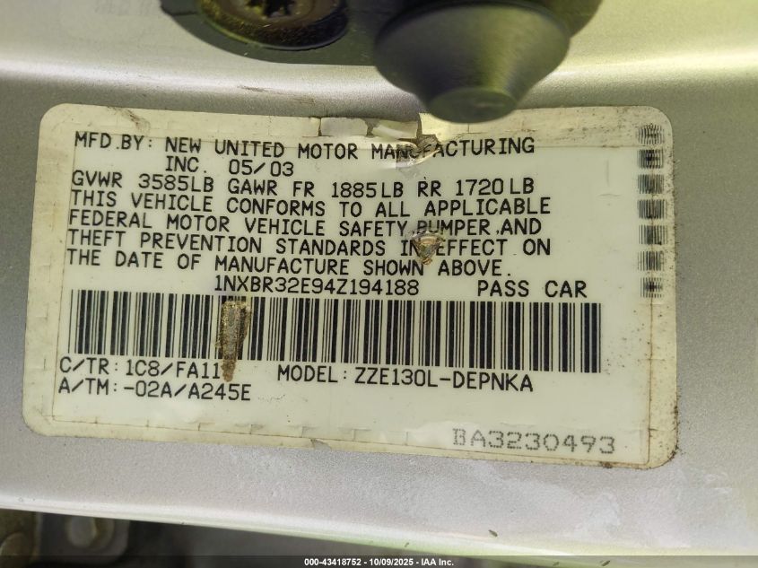 2004 Toyota Corolla Le VIN: 1NXBR32E94Z194188 Lot: 43418752