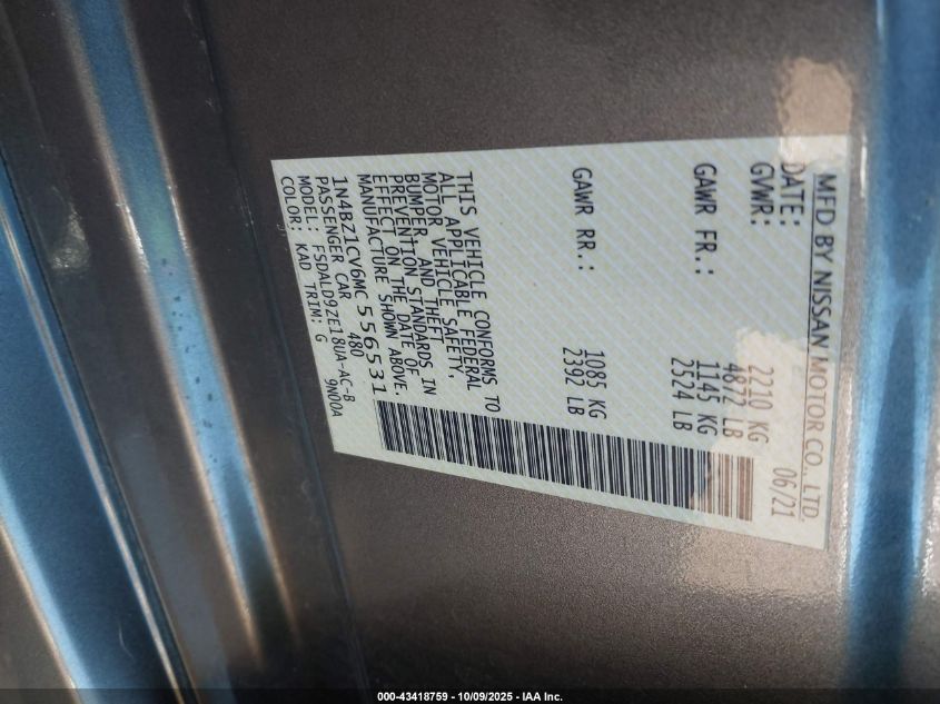 2021 Nissan Leaf Sv Plus 62 Kwh VIN: 1N4BZ1CV6MC556531 Lot: 43418759