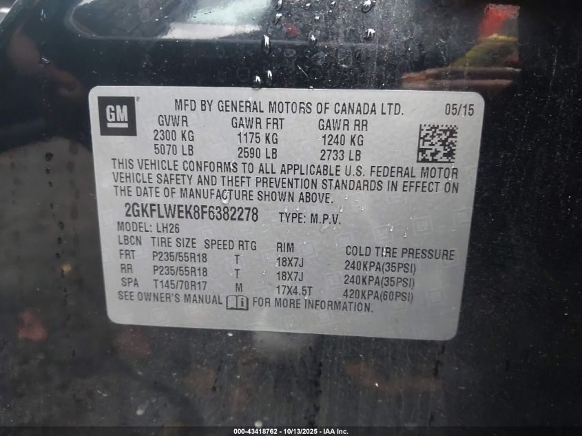 2015 GMC Terrain Sle-2 VIN: 2GKFLWEK8F6382278 Lot: 43418762