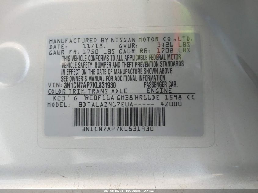 2019 Nissan Versa 1.6 S+ VIN: 3N1CN7AP7KL831930 Lot: 43418763