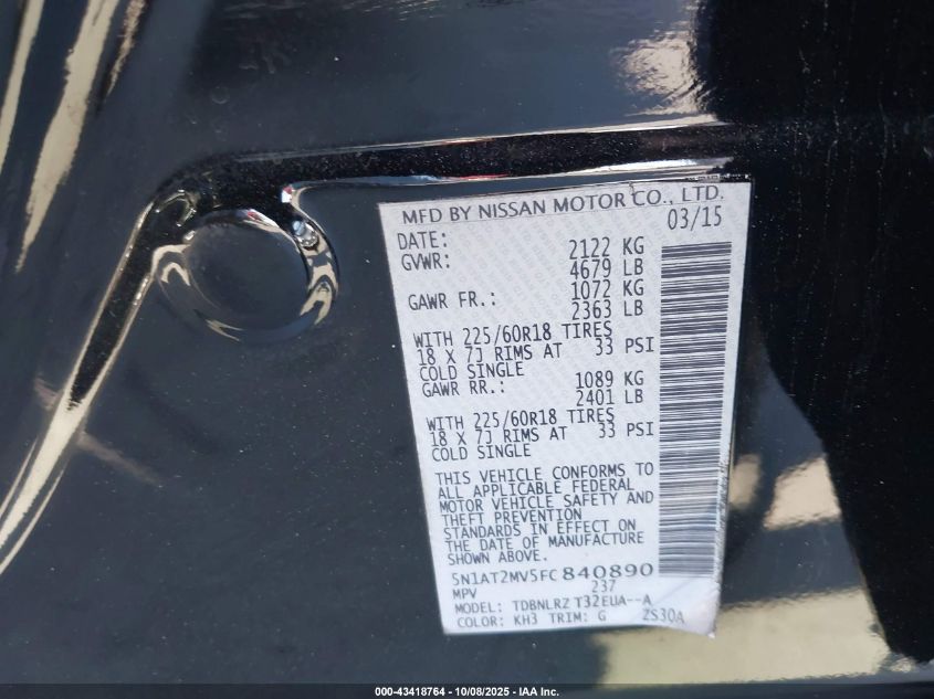 2015 Nissan Rogue Sl VIN: 5N1AT2MV5FC840890 Lot: 43418764