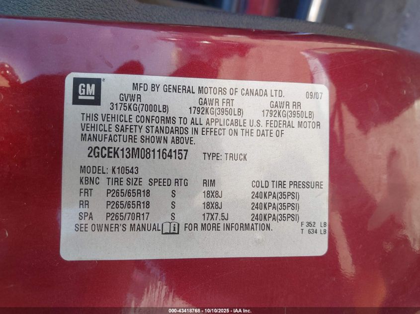 2008 Chevrolet Silverado 1500 Lt1 VIN: 2GCEK13M081164157 Lot: 43418768