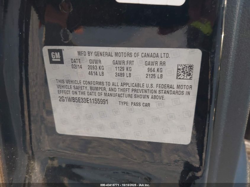 2014 Chevrolet Impala Limited Lt VIN: 2G1WB5E33E1155991 Lot: 43418771