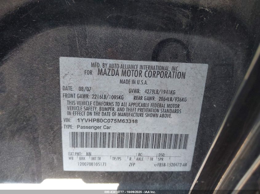 2007 Mazda Mazda6 I Sport Ve VIN: 1YVHP80C075M63318 Lot: 43418777