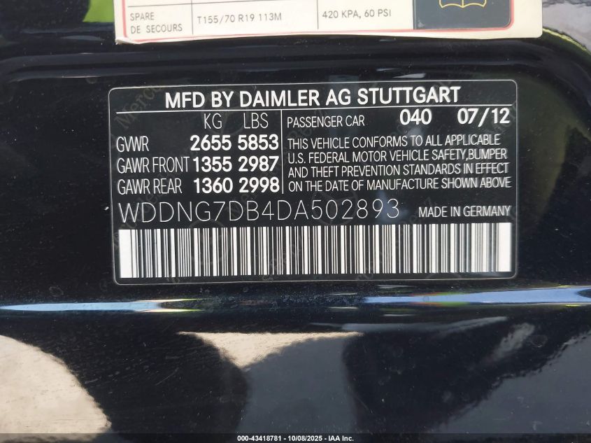 2013 Mercedes-Benz S 550 VIN: WDDNG7DB4DA502893 Lot: 43418781