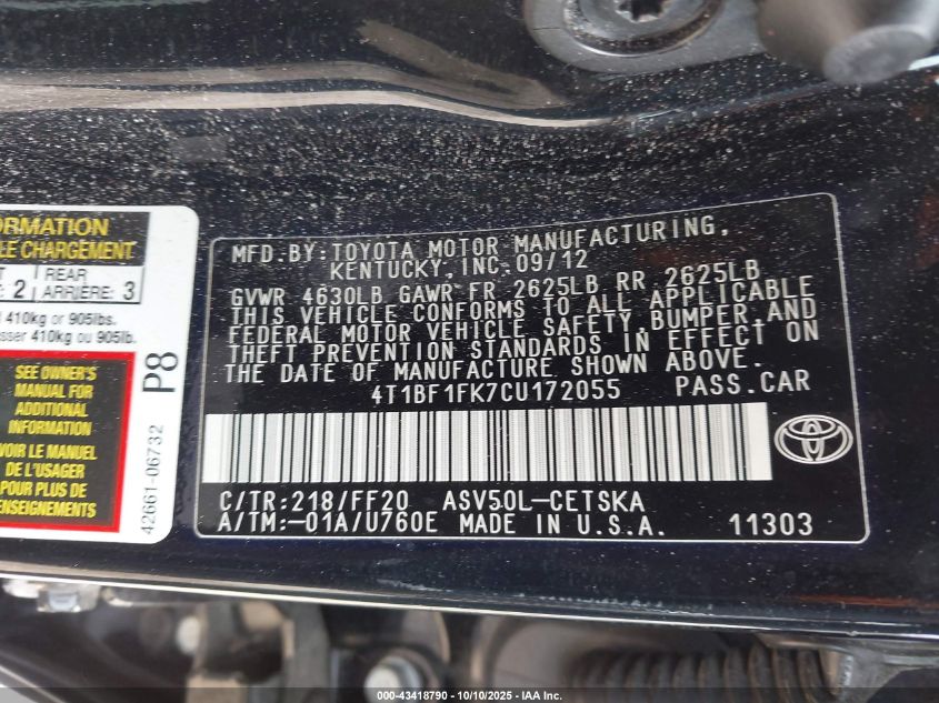 2012 Toyota Camry Se Limited Edition VIN: 4T1BF1FK7CU172055 Lot: 43418790