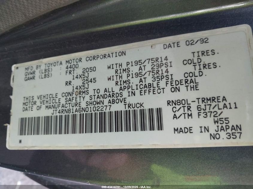 1992 Toyota Pickup 1/2 Ton Short Wheelbase VIN: JT4RN81A6N0102277 Lot: 43418791