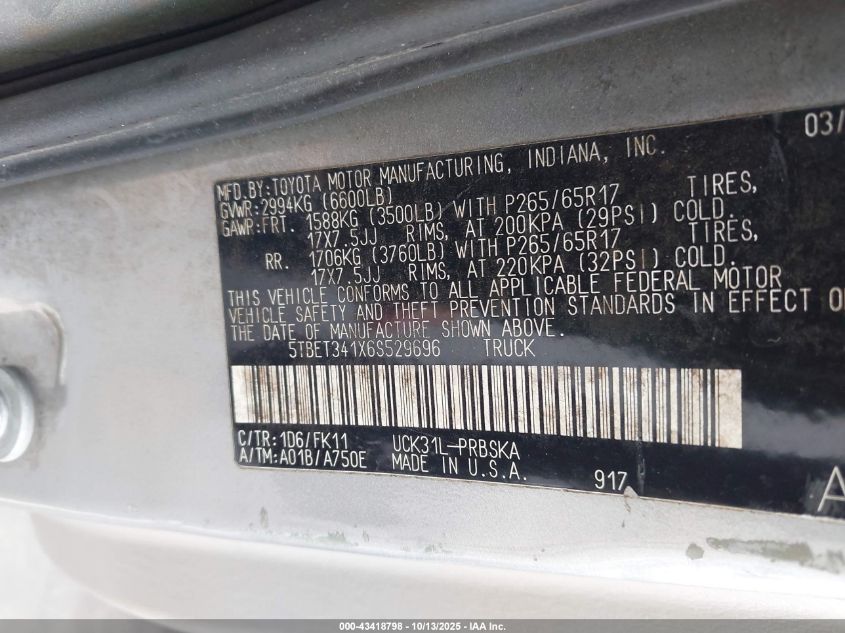 2006 Toyota Tundra Sr5 V8 VIN: 5TBET341X6S529696 Lot: 43418798