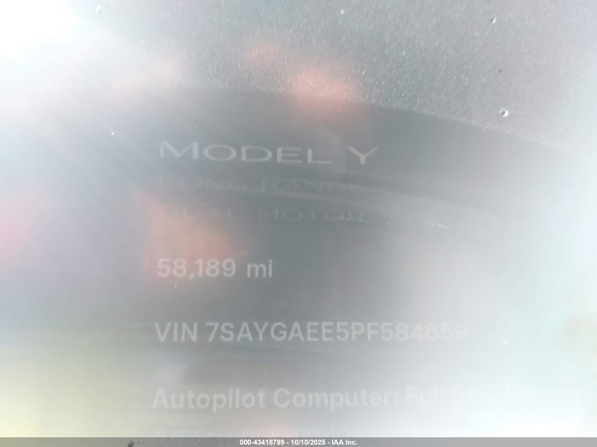 2023 Tesla Model Y Awd/Long Range Dual Motor All-Wheel Drive VIN: 7SAYGAEE5PF584659 Lot: 43418799