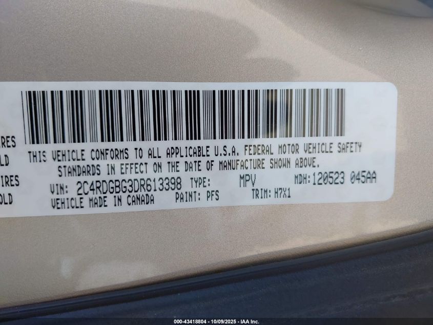 2013 Dodge Grand Caravan Se VIN: 2C4RDGBG3DR613398 Lot: 43418804