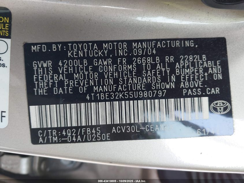 2005 Toyota Camry Le VIN: 4T1BE32K55U980797 Lot: 43418805