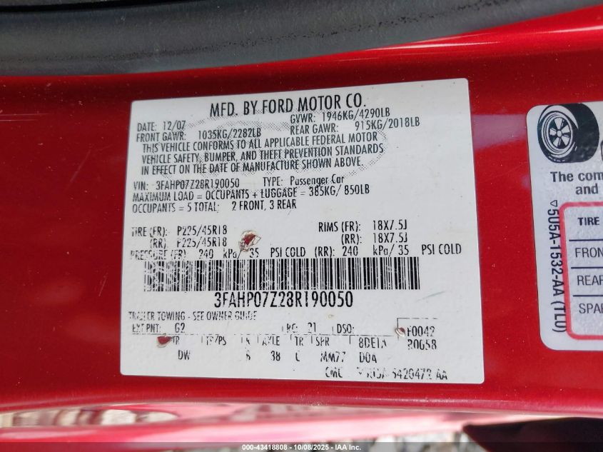 2008 Ford Fusion Se VIN: 3FAHP07Z28R190050 Lot: 43418808