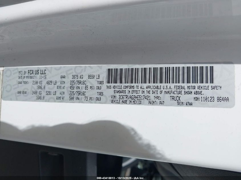 2017 Ram Promaster 1500 Low Roof 136 Wb VIN: 3C6TRVAG2HE517421 Lot: 43418813