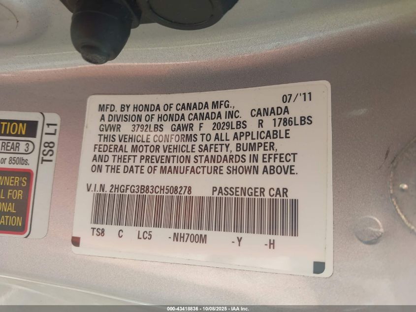 2012 Honda Civic Ex VIN: 2HGFG3B83CH508278 Lot: 43418836