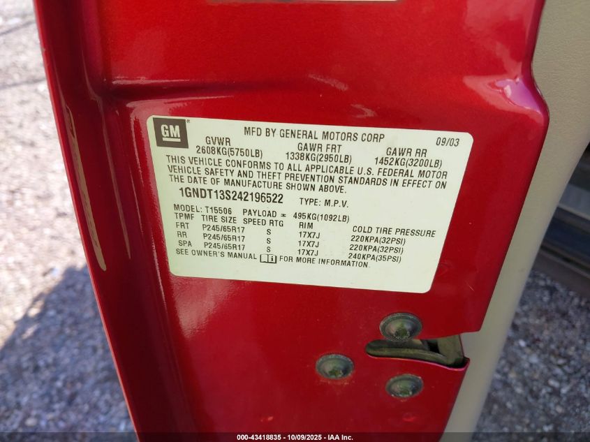 2004 Chevrolet Trailblazer Lt VIN: 1GNDT13S242196522 Lot: 43418835