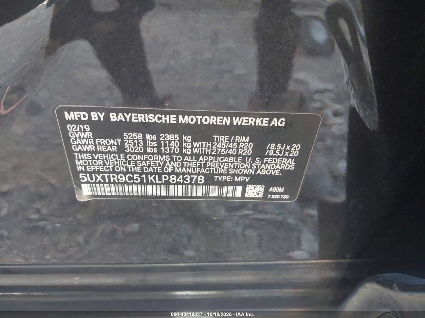 2019 BMW X3 xDrive30I VIN: 5UXTR9C51KLP84378 Lot: 43418837