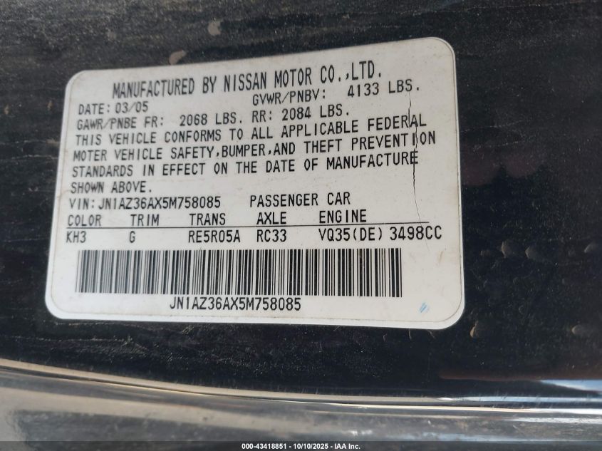 2005 Nissan 350Z Enthusiast VIN: JN1AZ36AX5M758085 Lot: 43418851