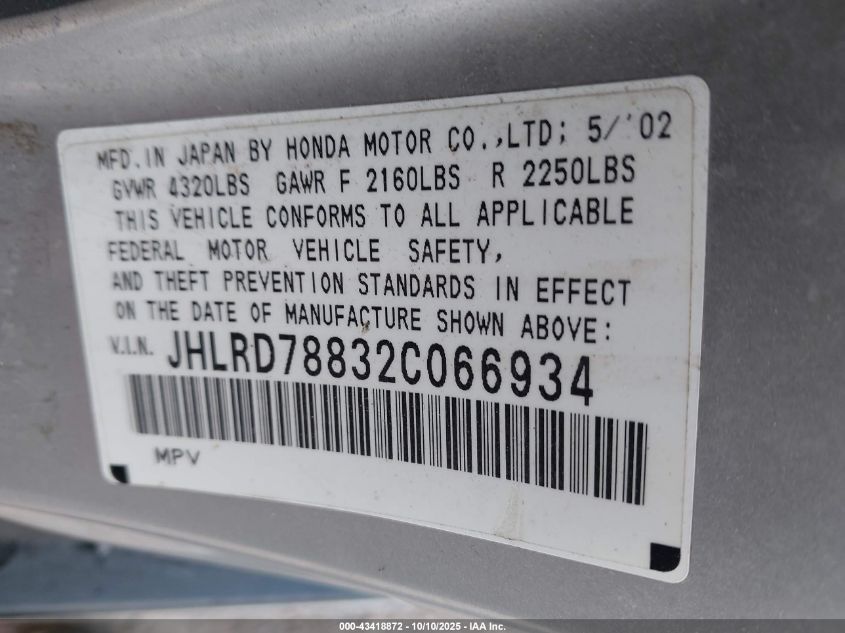 2002 Honda Cr-V Ex VIN: JHLRD78832C066934 Lot: 43418872