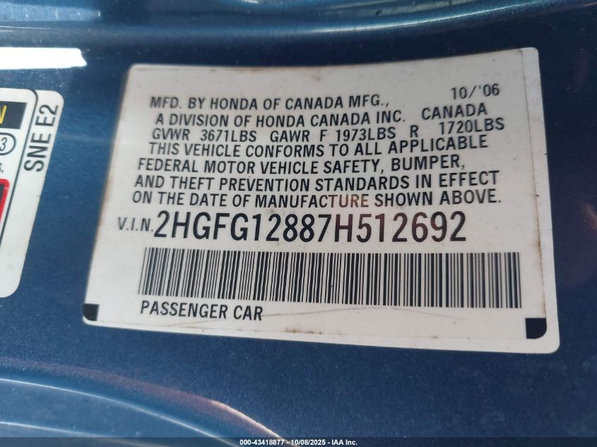 2007 Honda Civic Ex VIN: 2HGFG12887H512692 Lot: 43418877