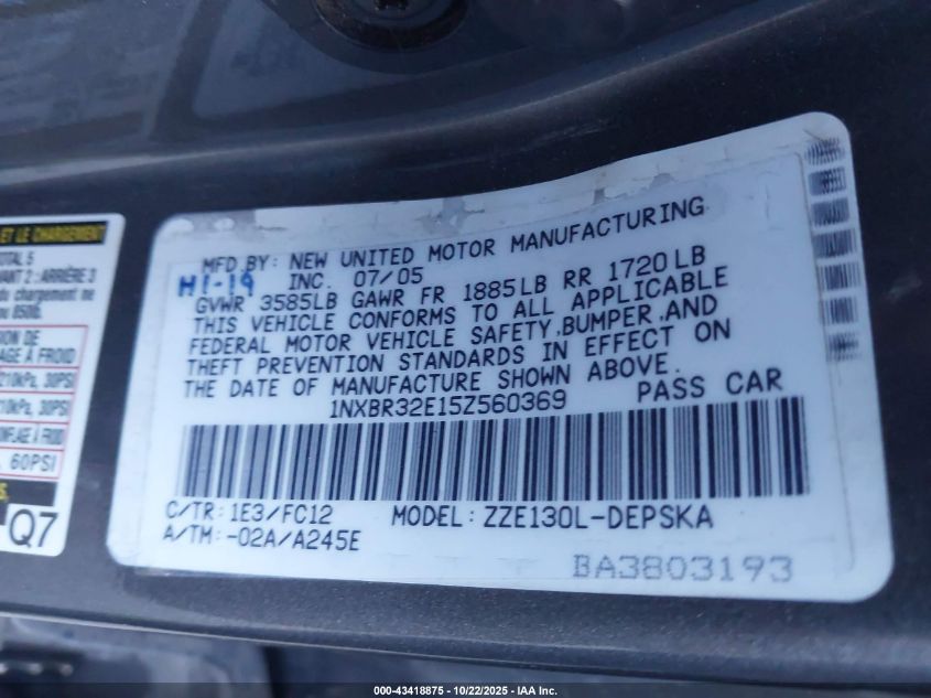 2005 Toyota Corolla S VIN: 1NXBR32E15Z560369 Lot: 43418875