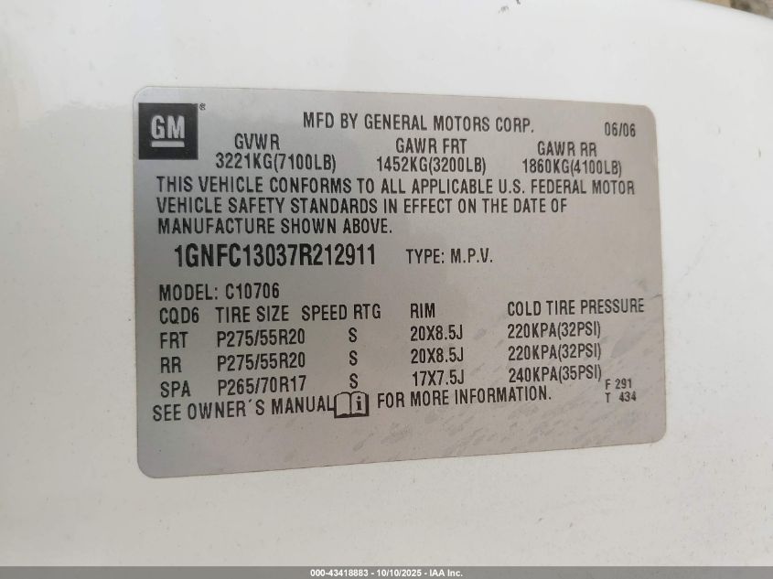 2007 Chevrolet Tahoe Ltz VIN: 1GNFC13037R212911 Lot: 43418883