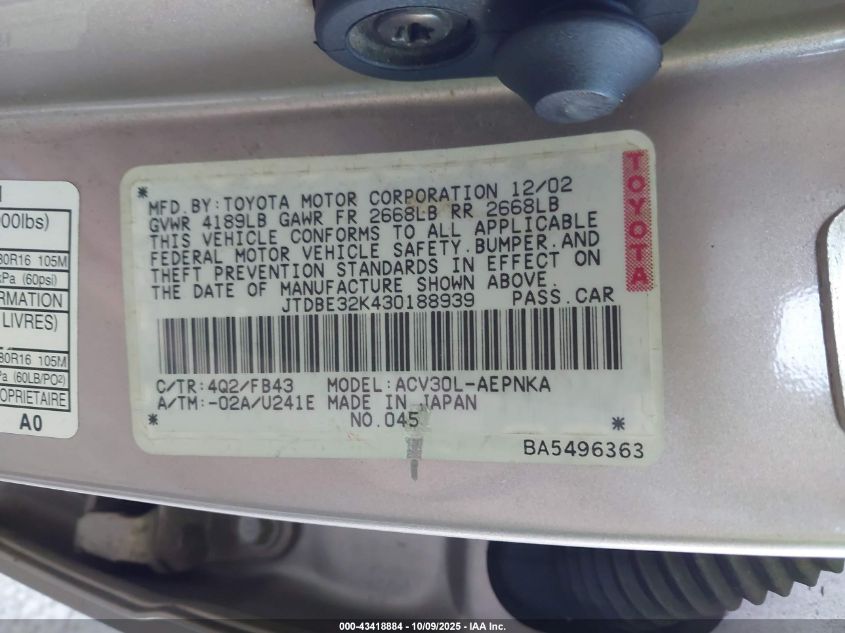 2003 Toyota Camry Le VIN: JTDBE32K430188939 Lot: 43418884