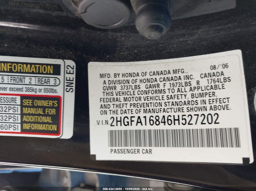2006 Honda Civic Ex VIN: 2HGFA16846H527202 Lot: 43418888