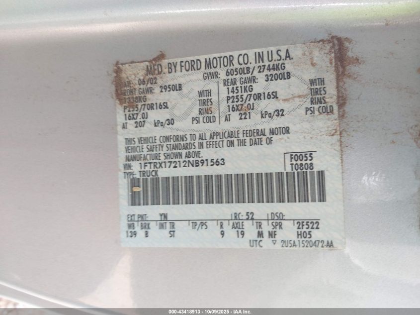 2002 Ford F-150 Xl/Xlt VIN: 1FTRX17212NB91563 Lot: 43418913