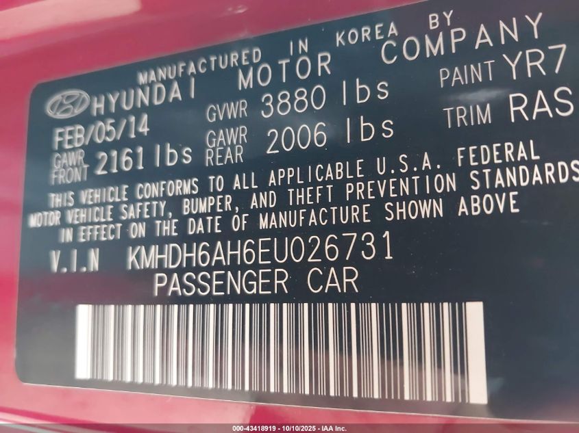 2014 Hyundai Elantra VIN: KMHDH6AH6EU026731 Lot: 43418919