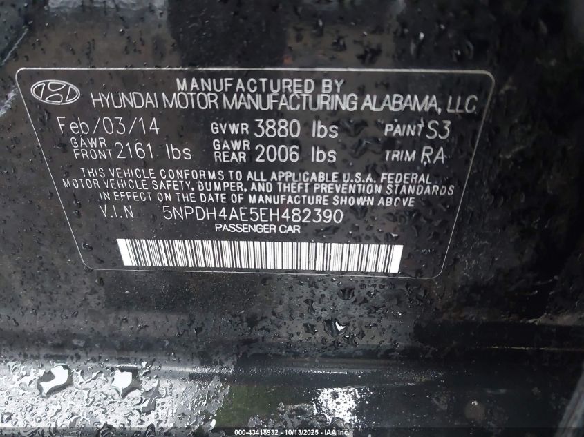 2014 Hyundai Elantra Se VIN: 5NPDH4AE5EH482390 Lot: 43418932